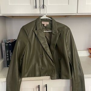 Olive Green Double-Breasted faux leather Jacket